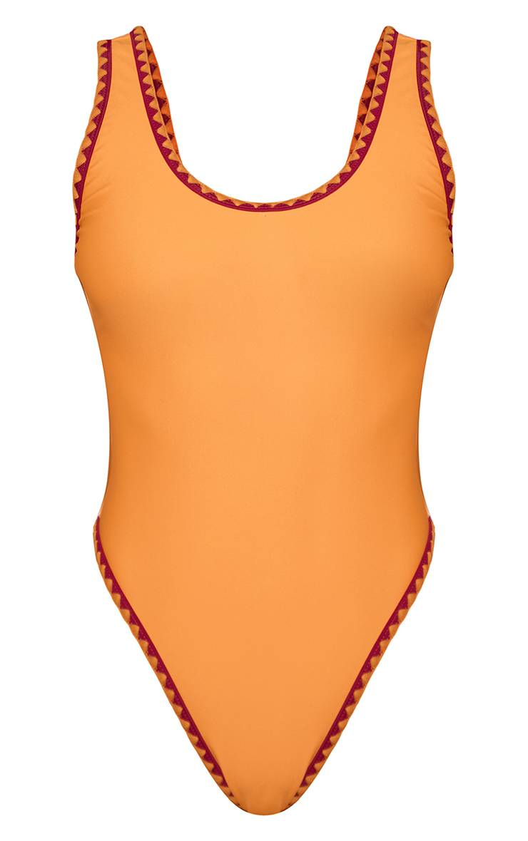 Orange Maillot De Bain Échancré À Surpiqûres Contrastées
