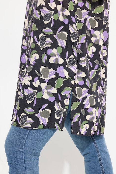 Longbluse, Blüten, A-Linie, Hemdkragen, Langarm
