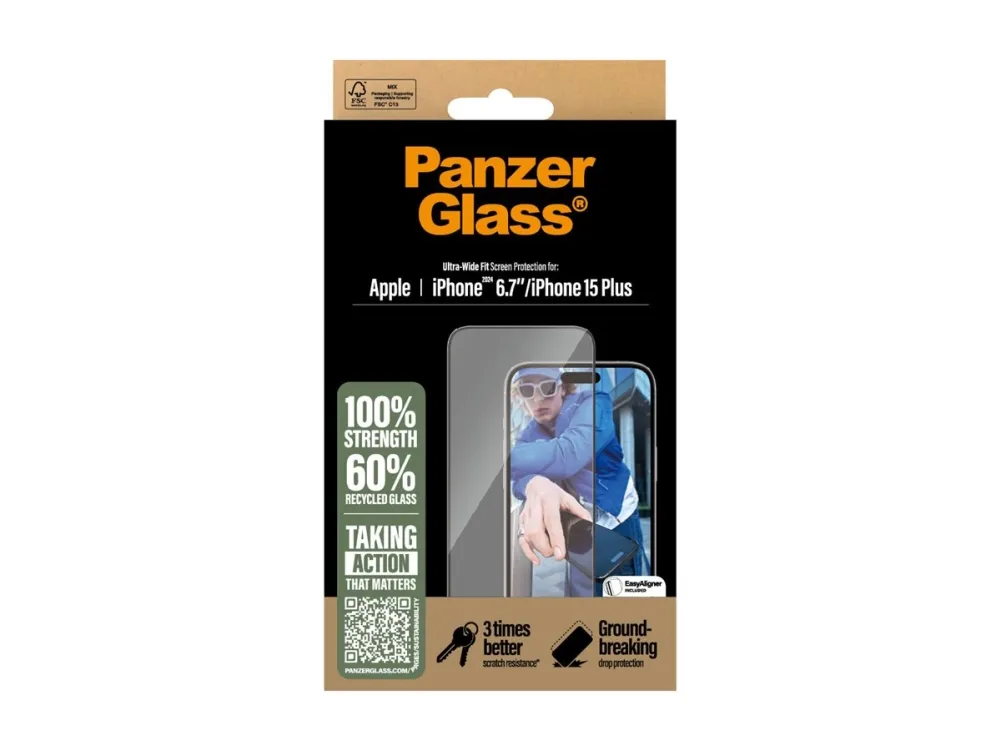 PanzerGlass - Skærmbeskytter for mobiltelefon - ultrabred pasform - glas - rammefarve sort - for Apple iPhone 15 Plus, 16 Plus