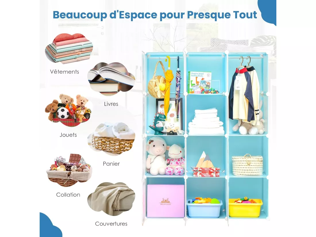 Meuble Rangement Enfants 12 Cubes avec Motif de Cosmique, Armoire Modulable Enfants avec Cadre Métallique, Charge 2,5kg pour Vêtements Chaussures Jouets, 107 x 36 x 142 CM