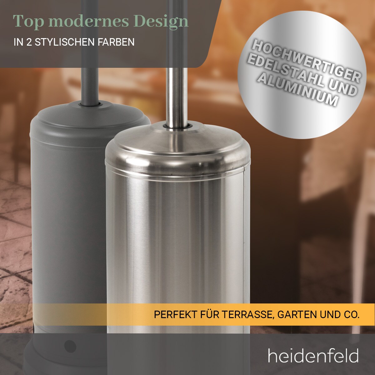 Heidenfeld Heizpilz Inferno GH400/500, Gasheizstrahler, stufenlos, 5-14kW, Kippschutz, Piezo-Zündung (Schiefergrau )