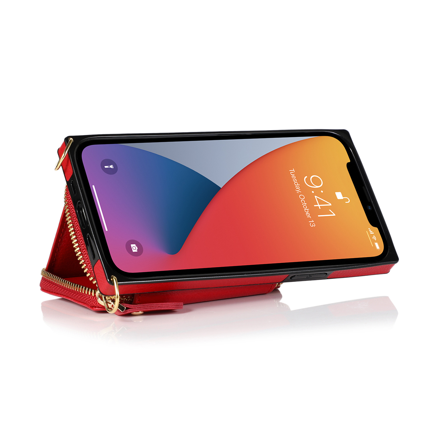 iPhone 13 Necklace Leder Schutz Hülle mit Kartenfächer   Handykette (140cm) - Rot
