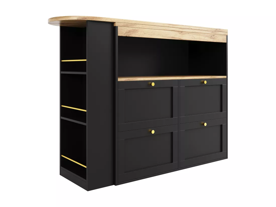 Buffet、Meuble de bar pivotant et escamotable - 4 tiroirs et 4 compartiments - Noir
