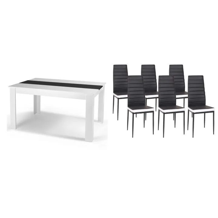 Table à manger blanche et noire 140 cm et 6 chaises noires liseré blanc
