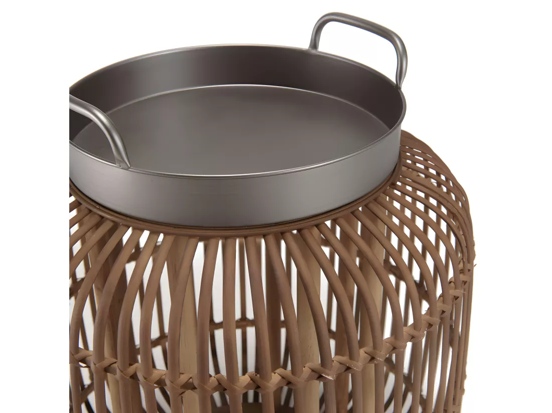 VICTOIRE - Table d'appoint cylindrique avec poignées 51x51cm plateau en métal noir piètement en rotin marron