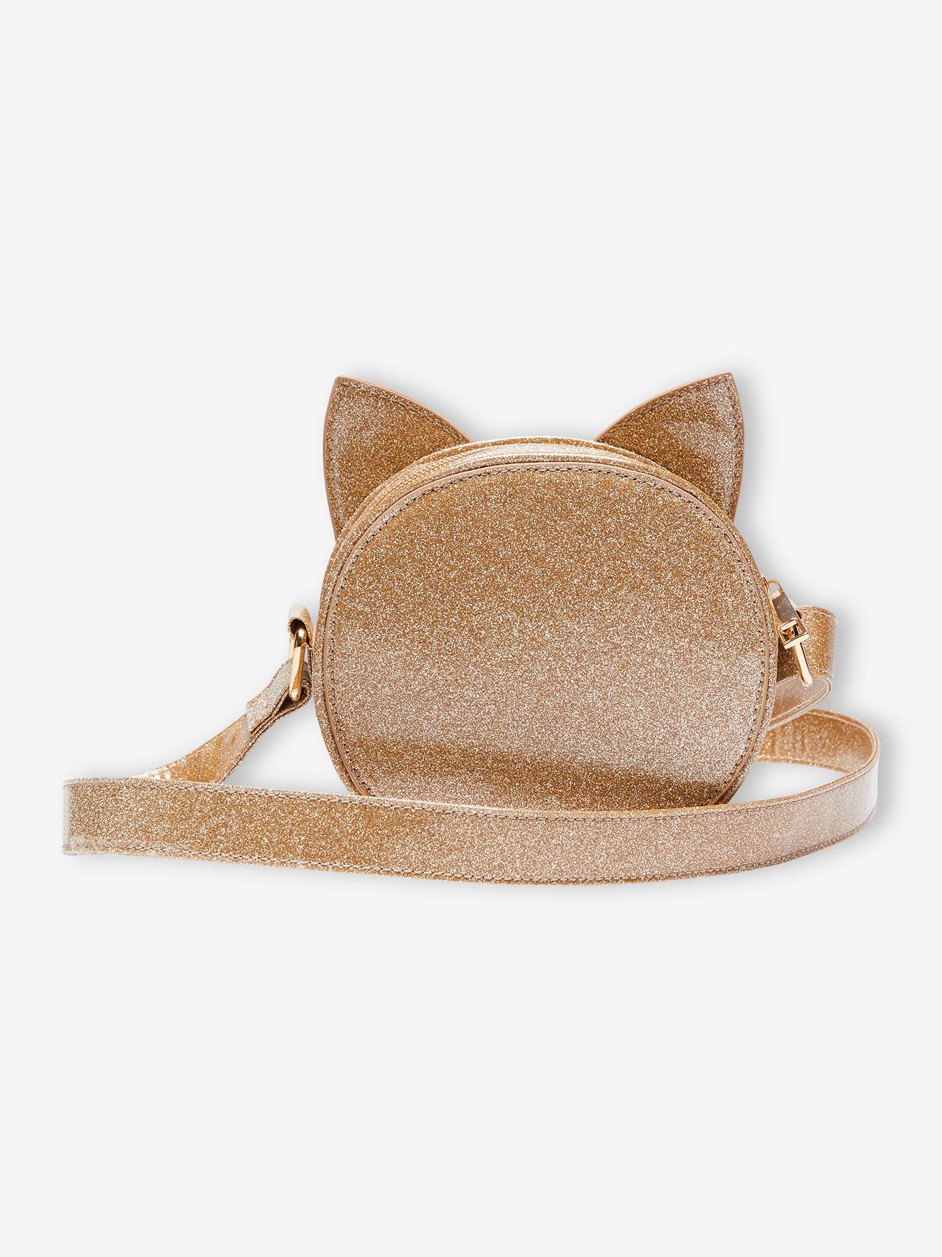 Bolsa redonda dourada com gatinho brilhante para meninas