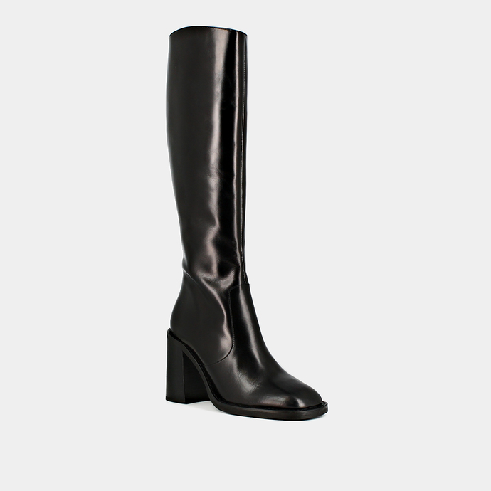 Bottes à talons et bouts carrés  en cuir noir