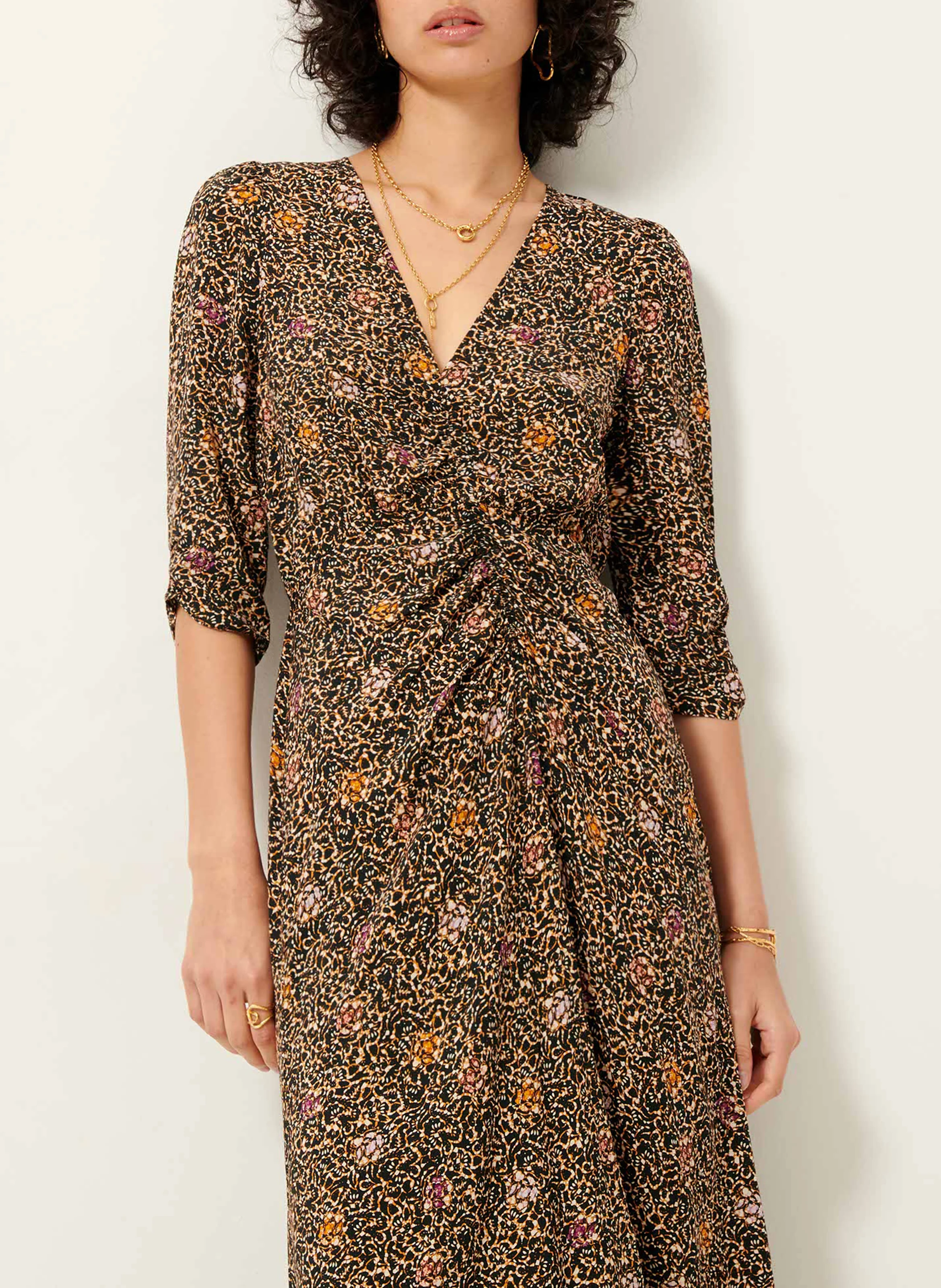 NYLIA - Robe longue col V imprimée | Marron