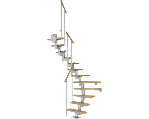 Pertura Spiros middentrap, parelgrijs, halve draai, 65 cm, eiken gelakte leuning, 11 treden / 12 stootborden
