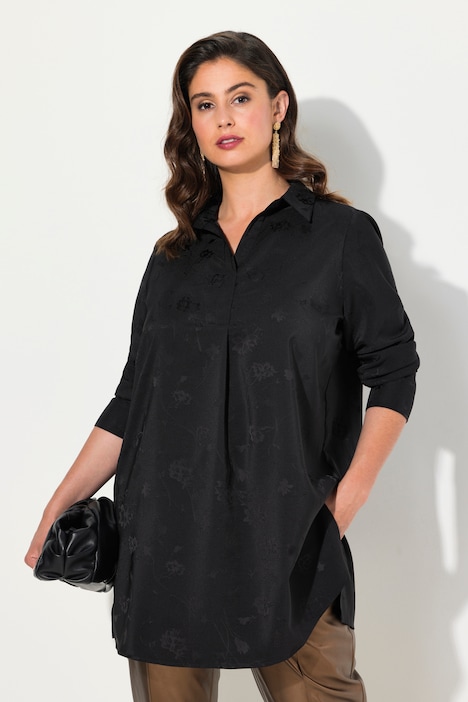 Longtunika, Satin, Struktur, V-Ausschnitt, Langarm
