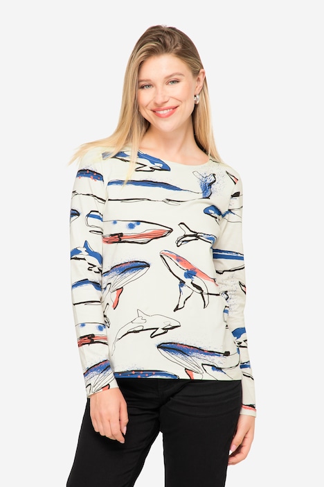 T-Shirt, Regular Fit, Wal-Print, Rundhals, Langarm, OEKO-TEX