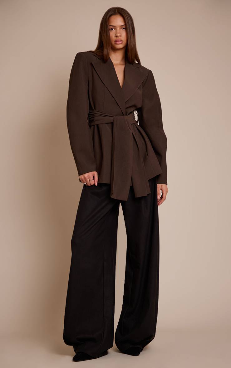 Chocolat Blazer Ceinturé Taille Froncée À Enroulement