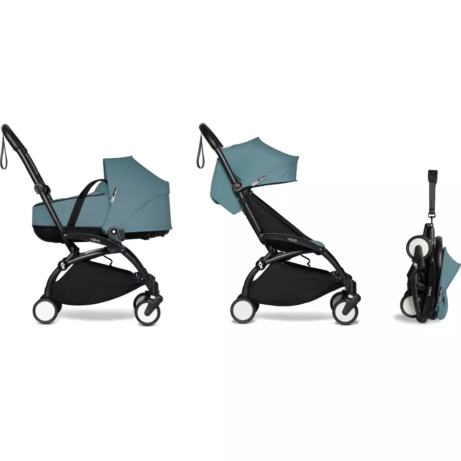 BABYZEN Kinderwagen YOYO2 0+ Black mit Liegewanne und Textilset Aqua