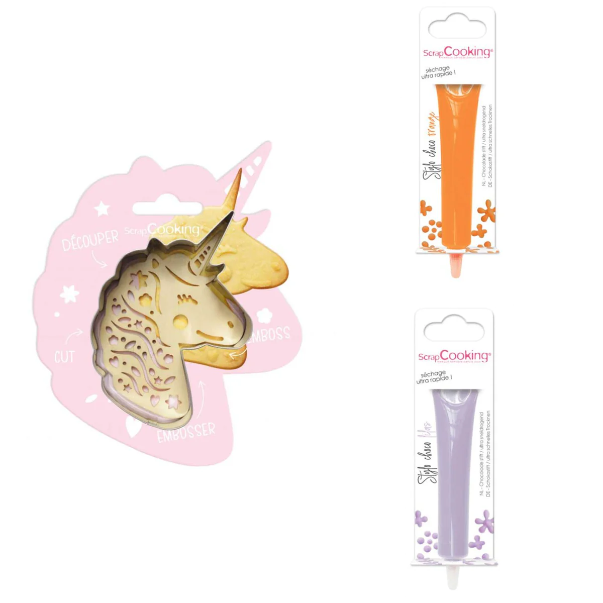 Kit pour biscuit en relief Licorne + 2 Stylos au chocolat orange et li