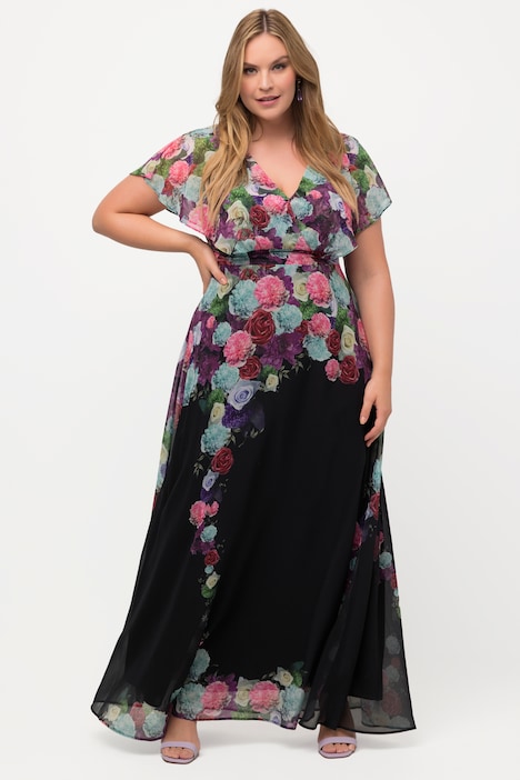 Maxikleid, Chiffon, Blüten, V-Ausschnitt, Halbarm