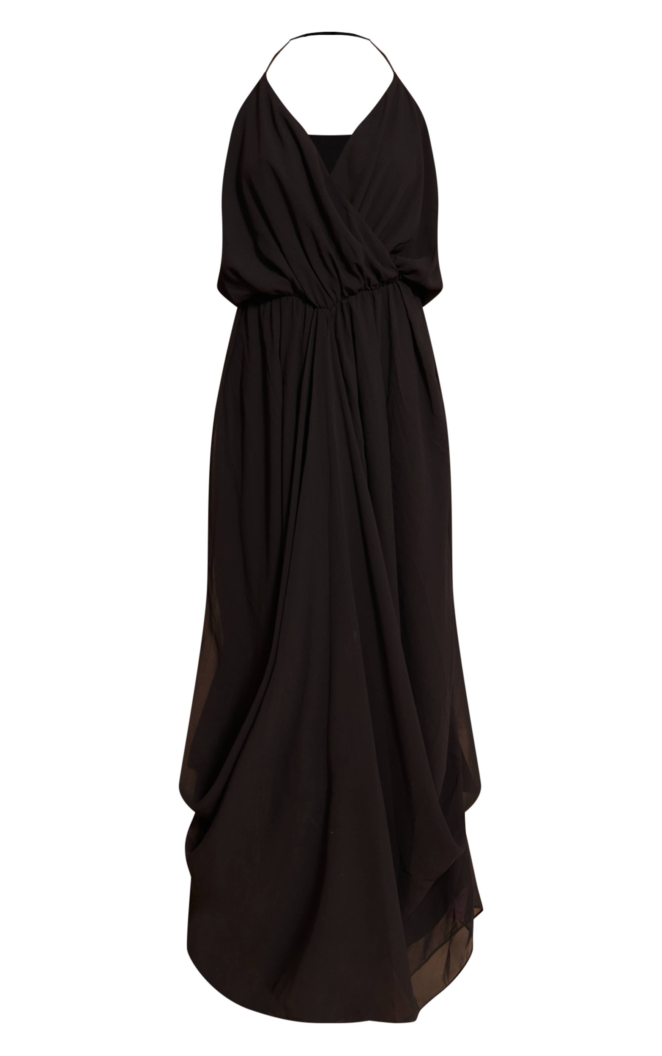 Noir Robe Longue Fluide En Mousseline De Soie Avec Col En V Drapé Pour Grande Taille