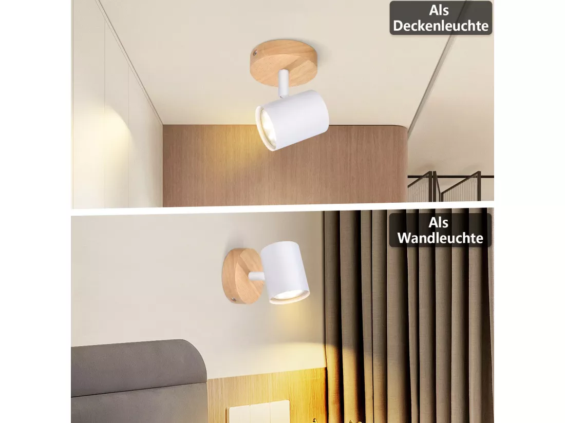 NETTLIFE Plafonnier LED 1 flamme - Blanc Plafonnier GU10 Spot pivotant Applique murale en bois Spot mural pour salon chambre Sans ampoule