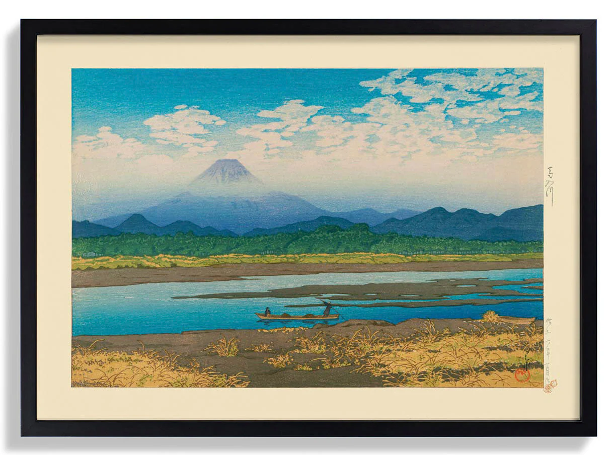 Mt Fuji vom Fluss Banyu aus gesehen Kunstdruck von Hasui