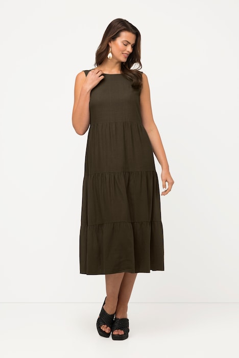 Midikleid, Leinenmix, Volants, Rundhals, ärmellos