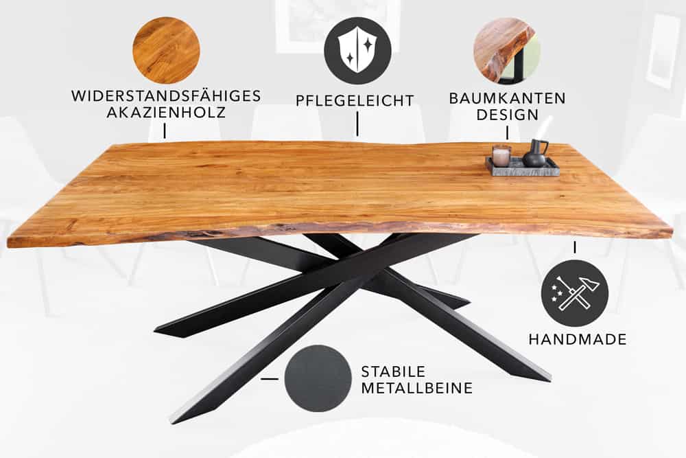 Massivholz Esstisch MAMMUT 200cm Akazie schwarz Metall Baumkante 3,5cm Tischplatte