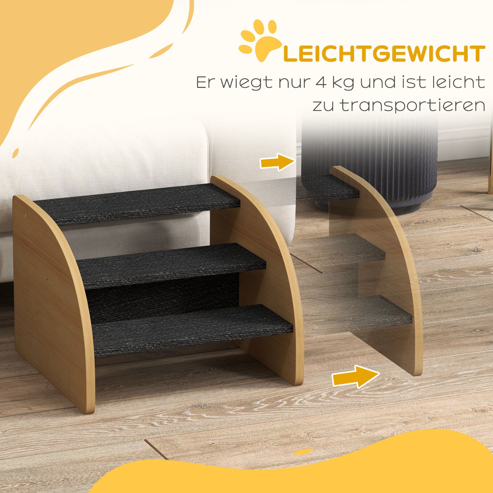 PawHut Hundetreppe mit 8-9,5 cm Treppenstufenerhöhungen natur, schwarz 38,5L x 38,5B x 30H cm