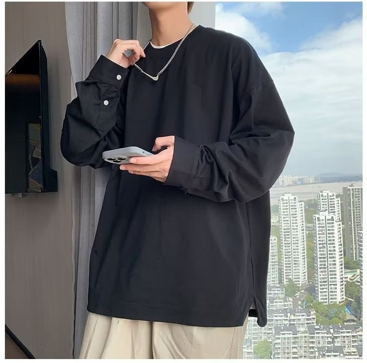 Diphon - T-shirt met lange mouwen, ronde hals en effen oversized print