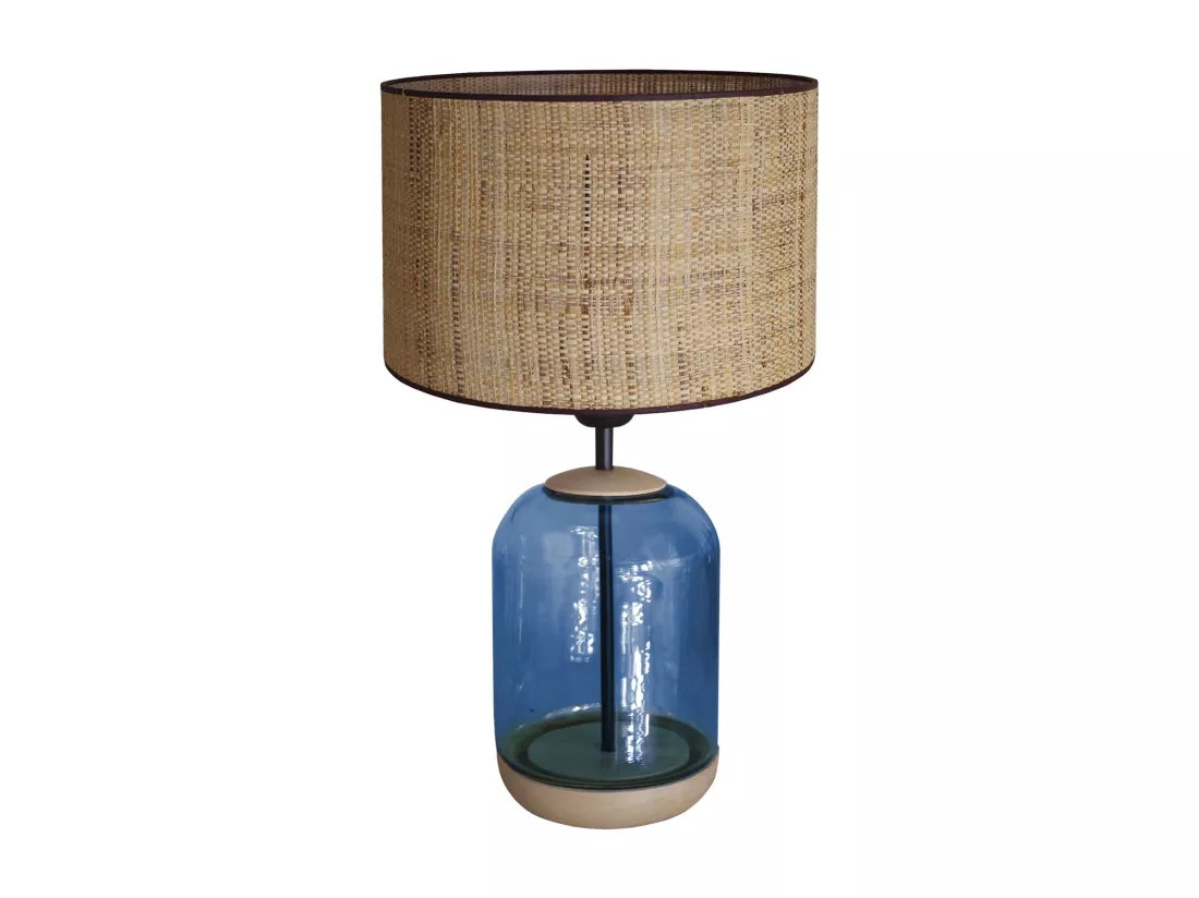 Lampe de chevet cylindre bois,verre,bleu,paille 41 cm.