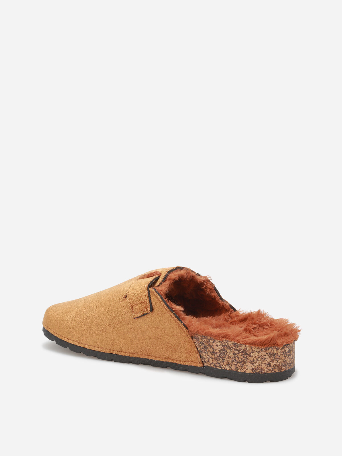 Mules en suédine fourrées à bride- Marron clair