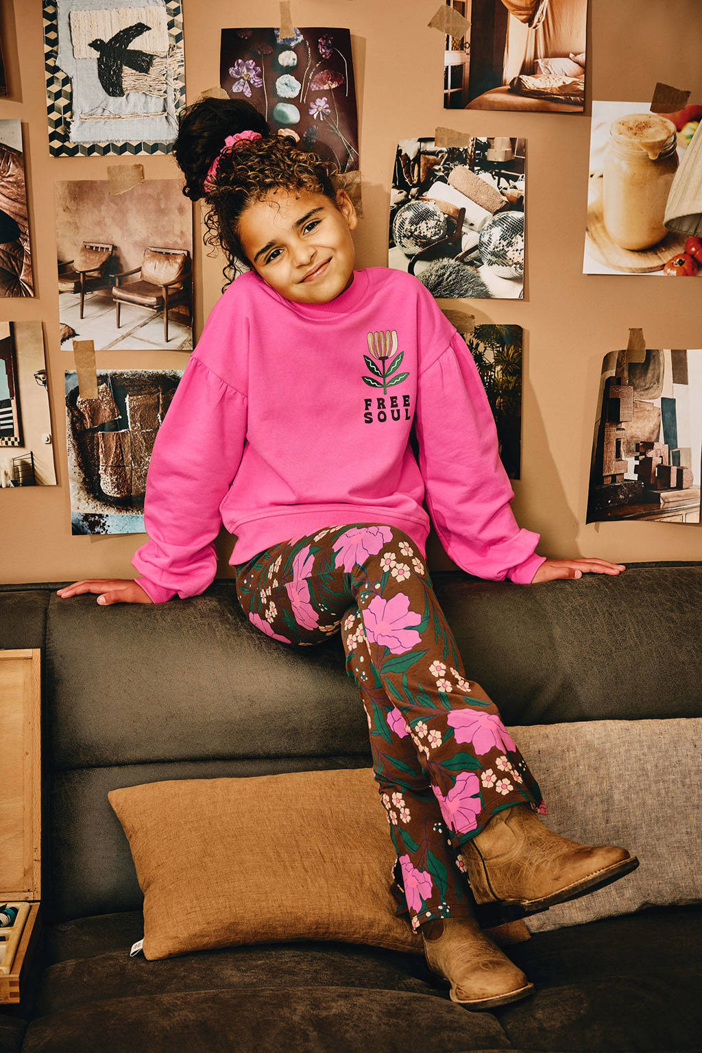 Z8 flared broek Ayla bruin/roze/groen