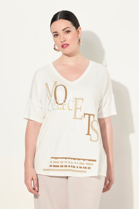 T-Shirt, Schriftmotiv, V-Ausschnitt, Halbarm