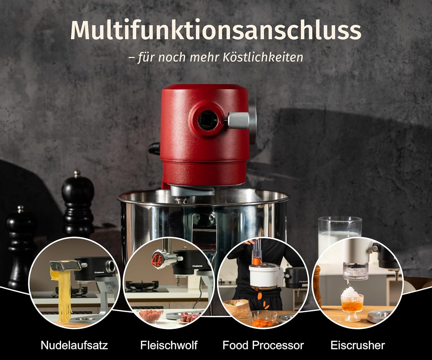 5L Vollmetall-Küchenmaschine,Pizzateig Knetmaschine,Teigmaschine mit leisem Kupfer-DC-Motor, 4 Edelstahl-Aufsätzen ohne Beschichtung und universellem Multifunktionsanschluss