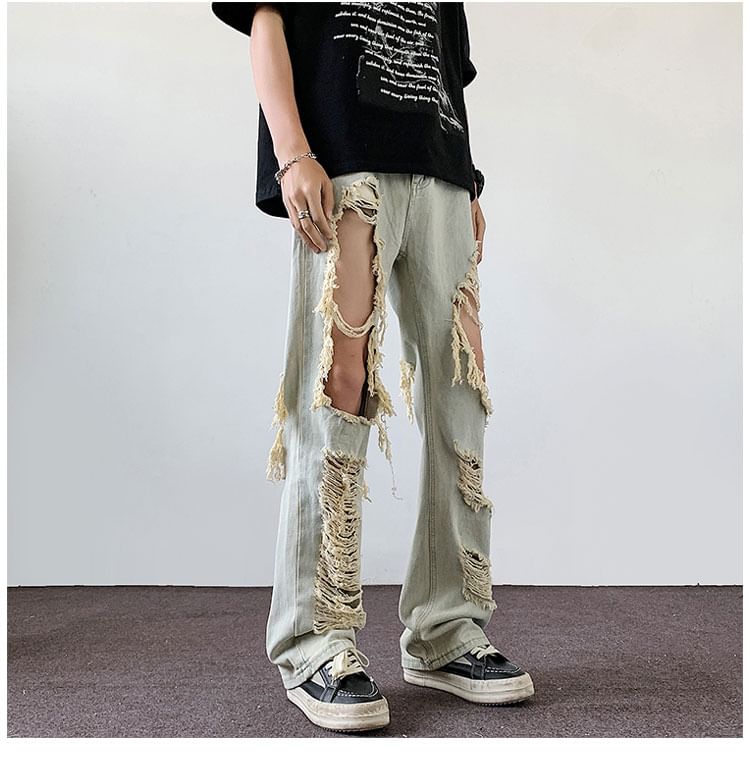 Phoneus - Low Rise Cutout Washed Distressed Loose Fit Jeans