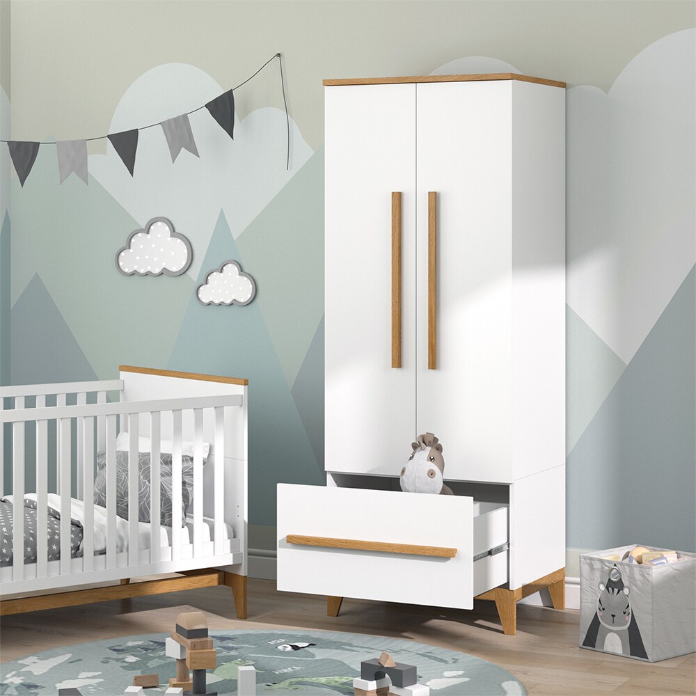 VitaliSpa Kleiderschrank Kinderzimmerschrank Aufbewahrungsschrank Malia Weiß Eiche modern 70x187 cm Kinderzimmer Möbel Babymöbel Schublade Tür Fach Kleiderstange Ablage Babyzimmerschrank