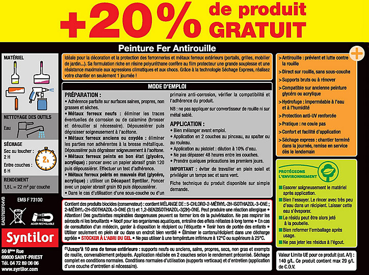 Peinture extérieure fer Syntilor Ultra Protect blanc satin 1,5L + 20% gratuit
