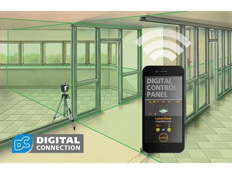 Laserliner Kreuzlinien-Laser CompactPlane 3G Set 150 30 m Dreidimensionaler grüner Laser mit einem horizontalen und zwei vertikalen 360°- Laserkreisen, Kompaktstativ 150 cm sowie Digital Connection-Schnittstelle