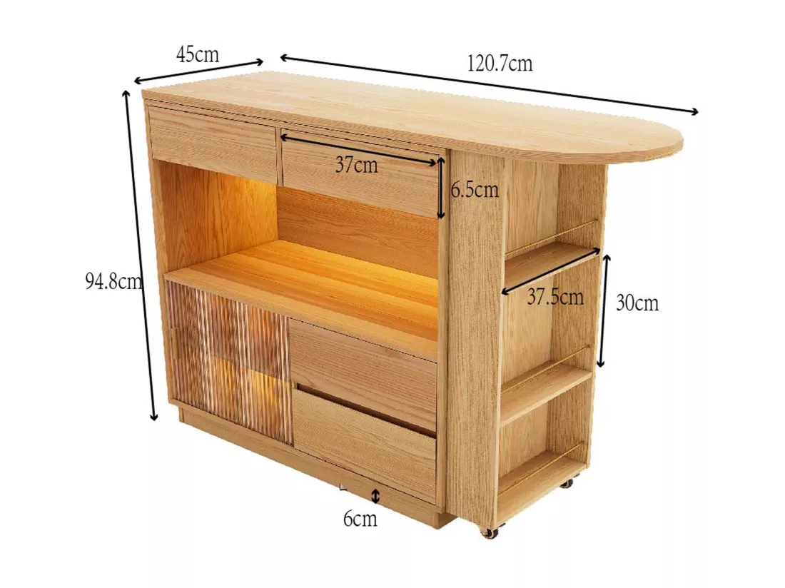Meuble de bar extensible, Bureau d'angle - 4 tiroirs, 1 porte et étagères - Bois MDF - Naturel