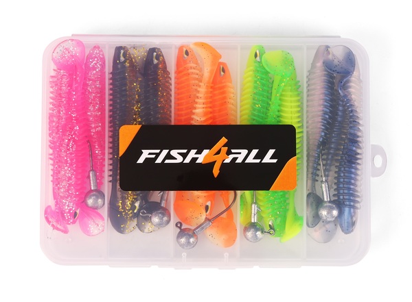 Boîte Leurre Souple Nervuré & Tête Plombée Fish4all (20 pièces)