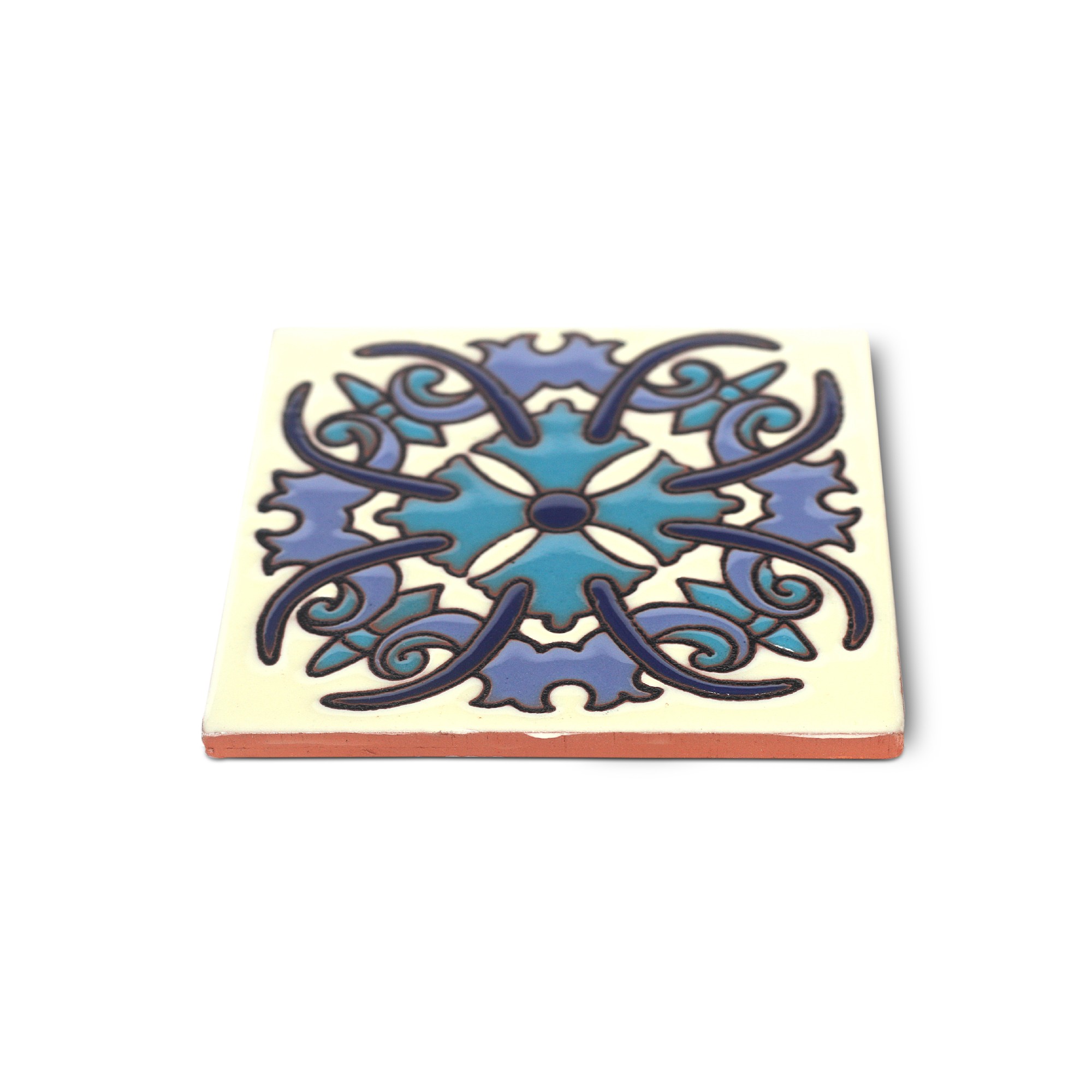Reliefkachel 'Flor', weiß, blau, T 10 cm, B 10 cm, H 0,5 cm von fischer's lagerhaus