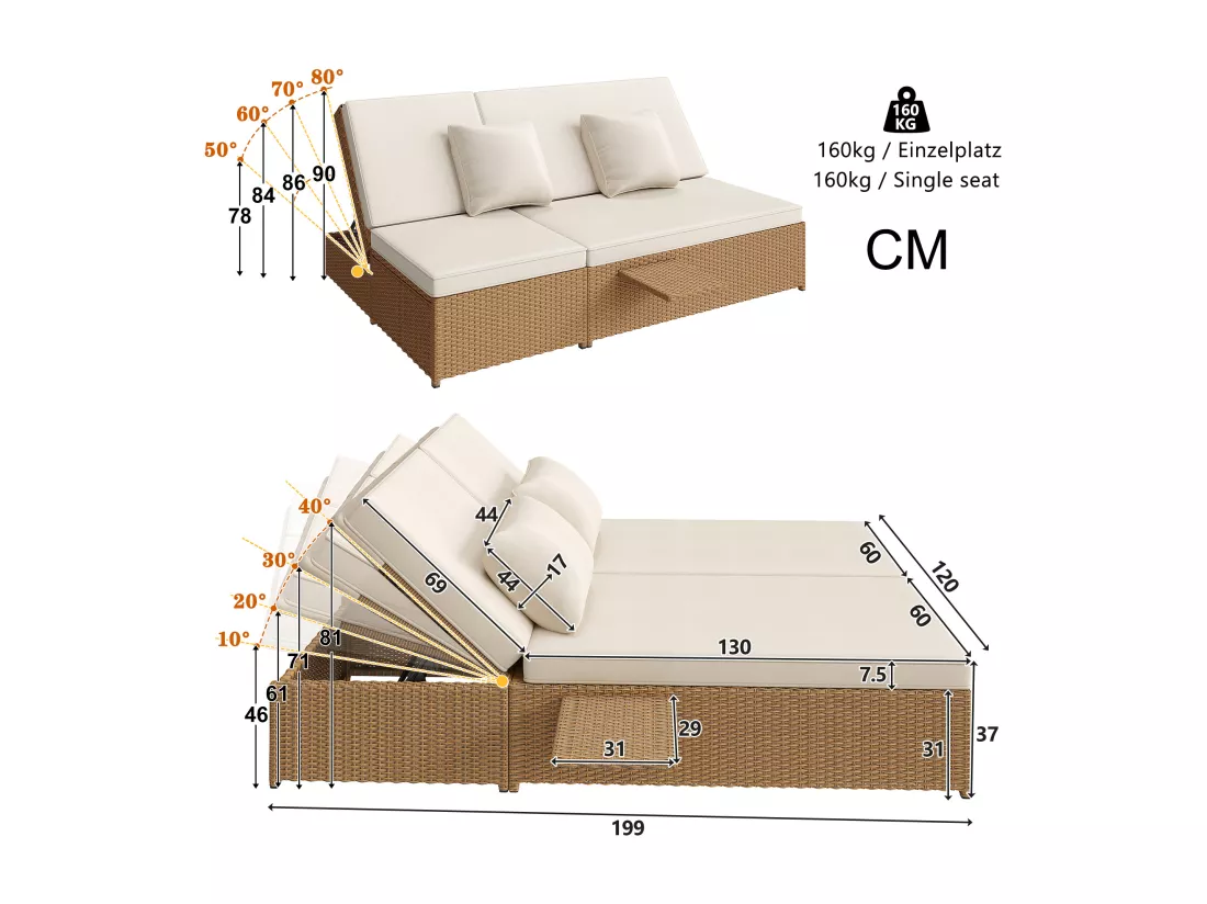 Chaise longue d'extérieur double, résistante aux intempéries, pliable avec coussin, blanche