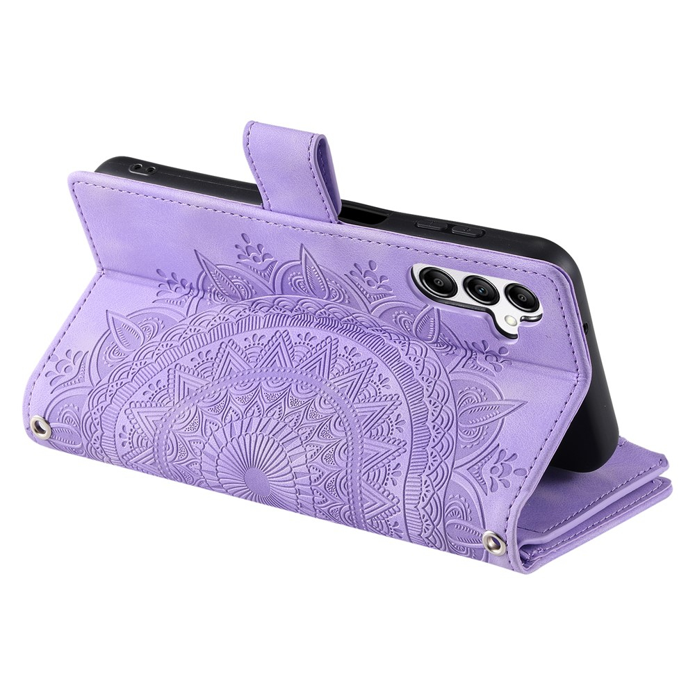 Samsung Galaxy S25 FE Leder Tasche Flip Cover mit Reissverschluss - Mandala Flowers Imprint - Lila