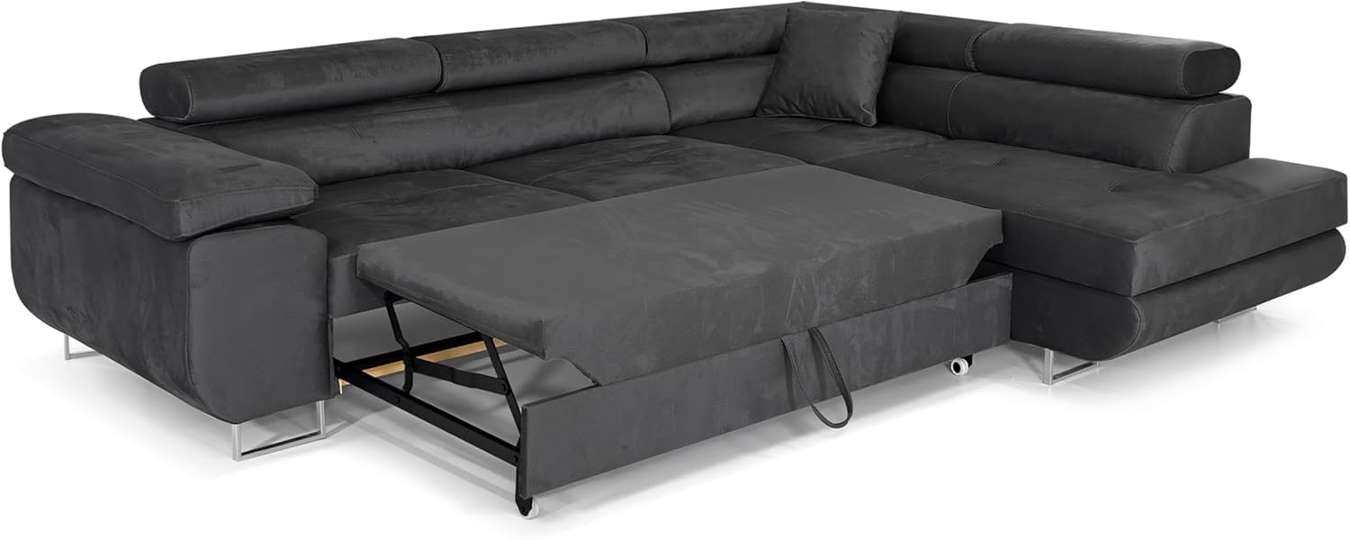 Ecksofa mit Schlaffunktion PASTI L-Form, Sofa Couch mit Bettkasten, 3-Sitzer Eckcouch, Schlafsofa für Wohnzimmer, Big Sofa Couch mit Schlaffunktion (Dunkelgrau, Ottomane Rechts)