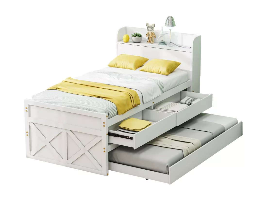 Lit gigogne avec 2 tiroirs - 90 x 190 cm - étagères de rangement et prise USB - bois massif -blanc