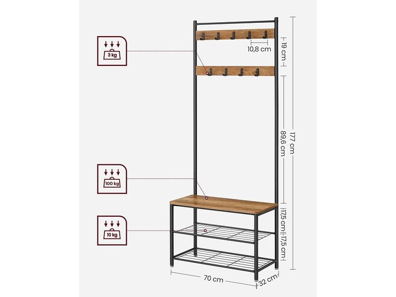 VASAGLE Garderobe mit Schuhregal 32 cm x 175 cm, Braun/Schw Kleiderständer mit Sitzbank