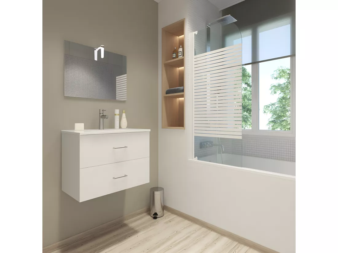 Meuble sous vasque suspendu 2 tiroirs 80 cm Blanc + miroir- KIO - L 81.5 x l 47 x H 52 cm