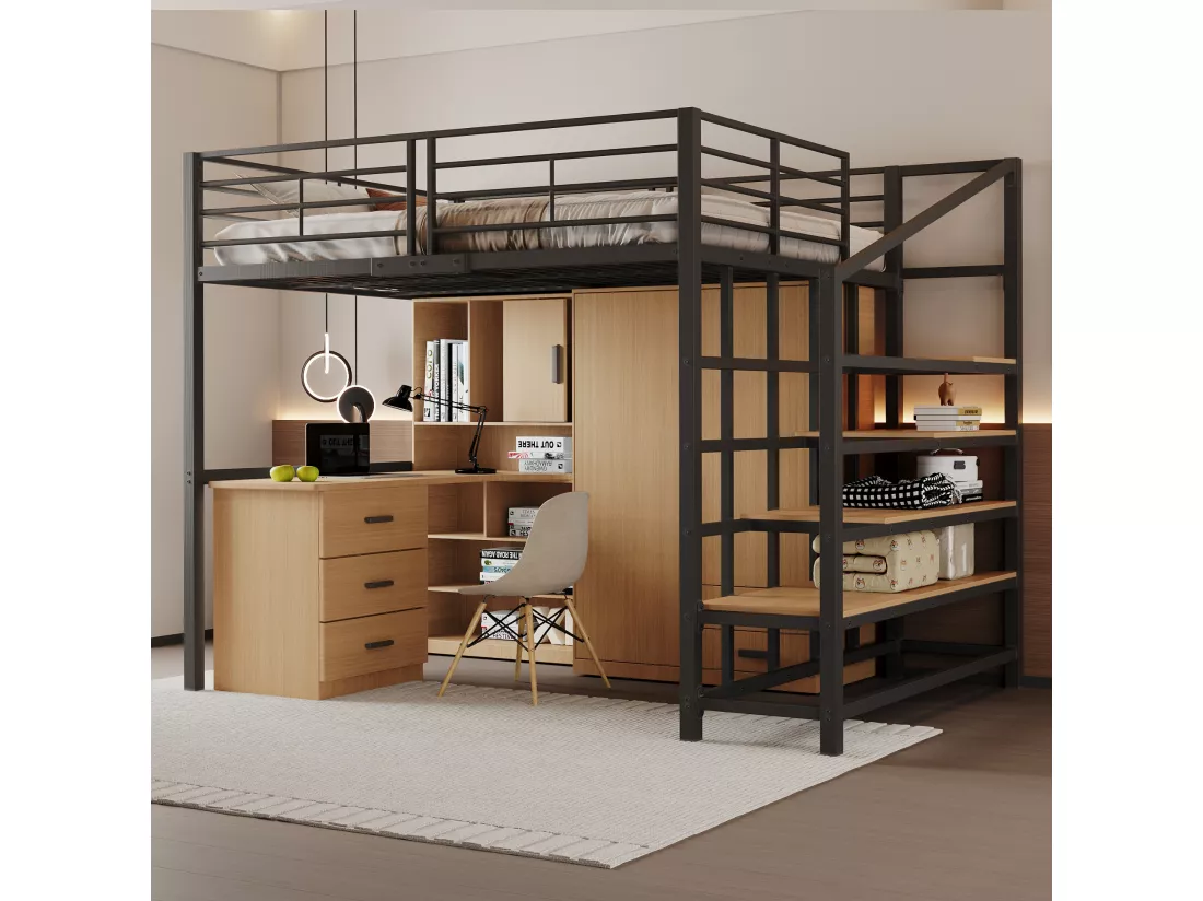 Lit mezzanine 140x200cm en métal - avec étagères et échelle de sécurité - Noir (matelas non inclus)