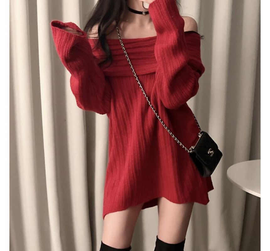 PINPI - Off-Shoulder Effen Gebreide Mini Shift Jurk