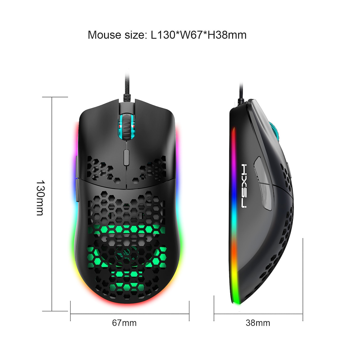 Lett kablet gamingmus med RGB-belysning, 6 justerbare DPI, 6-knapper Sort