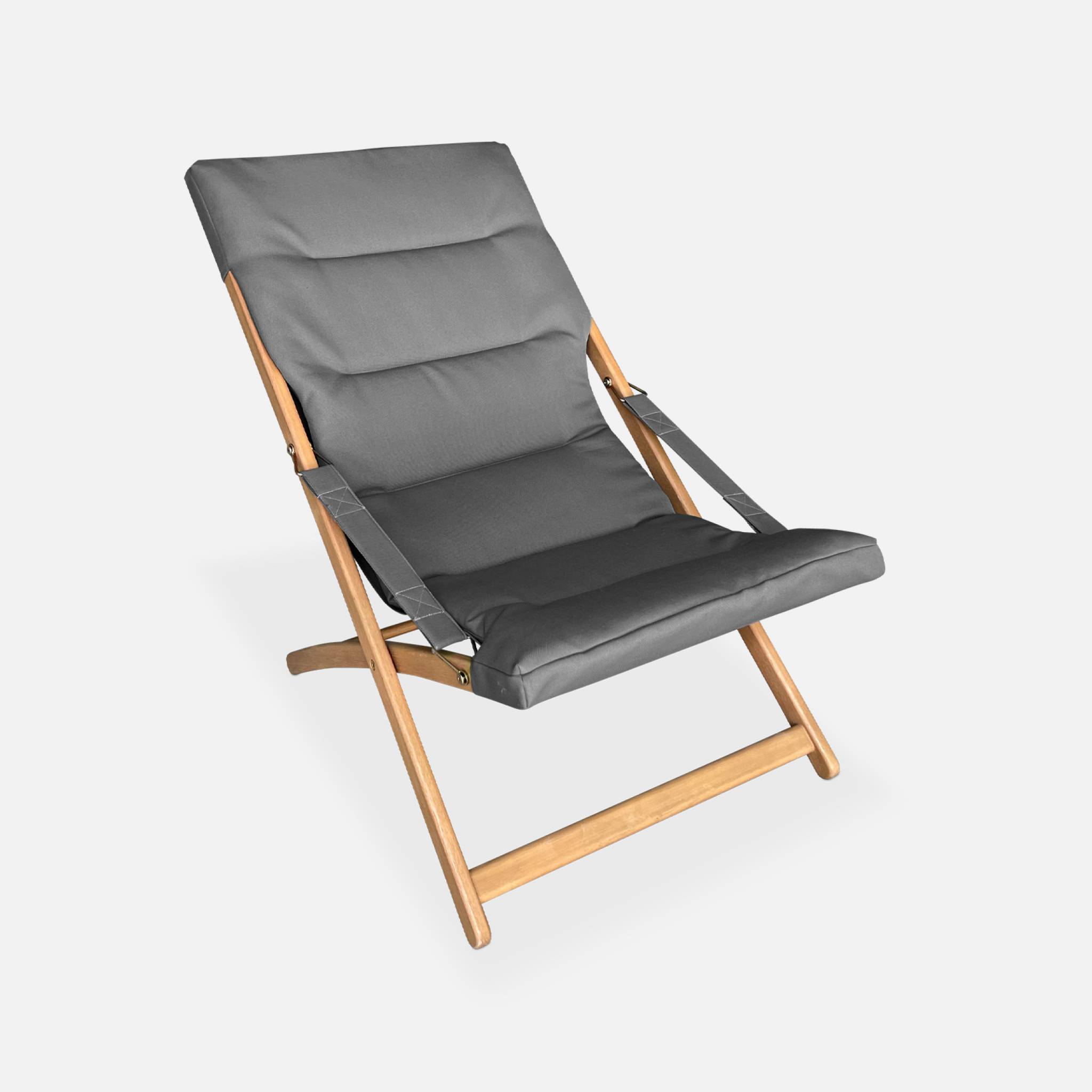 Lot de 2 chiliennes grises en bois. Pliables. Assise rembourrée