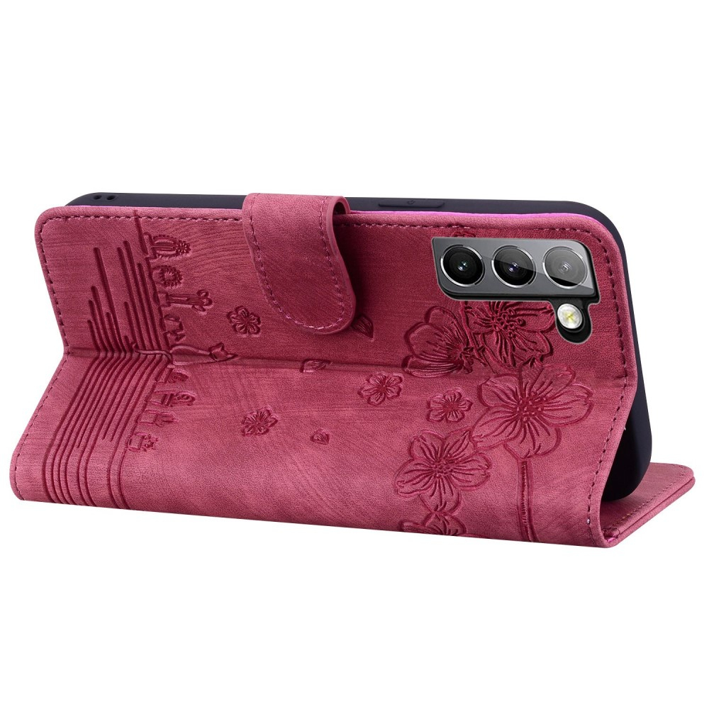 Samsung Galaxy S22 5G Leder Tasche Flip Cover Katze & Blumen Imprint - Rot