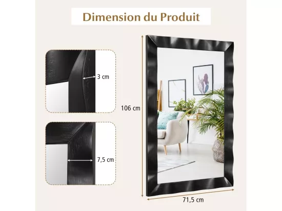 Miroir Mural Rectangulaire 106 × 71.5 cm, Cadre en Bois d’Hévéa, Grand Miroir Mural, Suspension Verticale & Horizontale, Miroir Décoratif pour Salon, Salle de Bain, Chambre à Coucher (Noir)